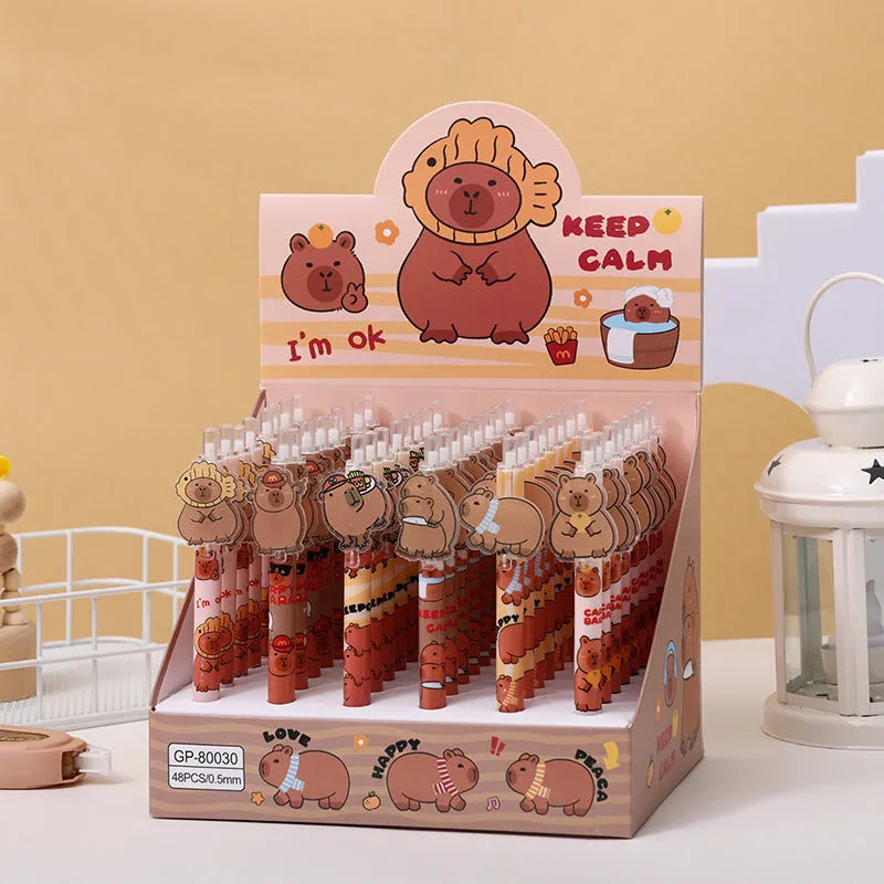 Box containing 48 Cartoon Bear themed acrylic paster pressing gel pens with plastic shells.