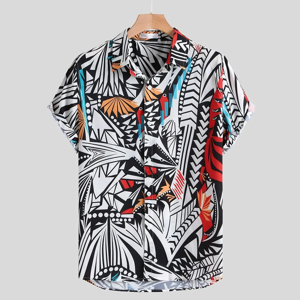 Hawaiian casual shirt streetwear cardigan with loose fit lapel collar available in Blue Red Yellow sizes M to 3XL