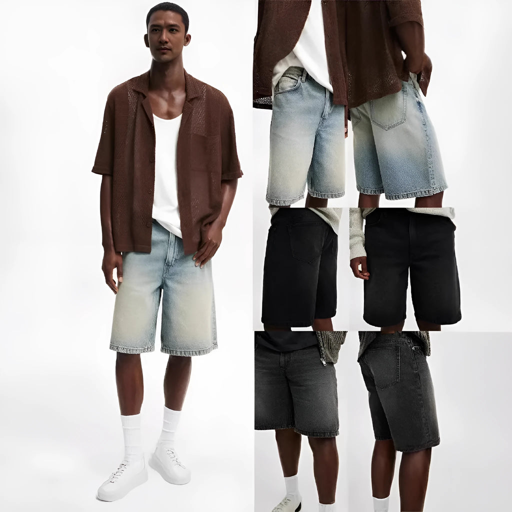 Men's loose straight-leg light blue jeans on a neutral background
