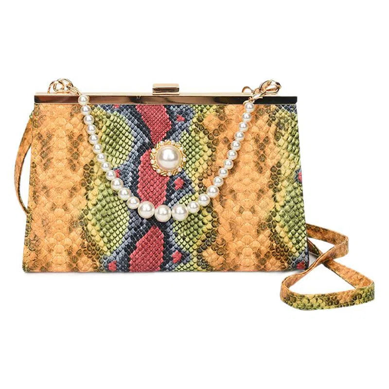 New vintage snake-pattern pearl-chain evening bag hard PU cross-body with 3D pocket and phone pocket in khaki