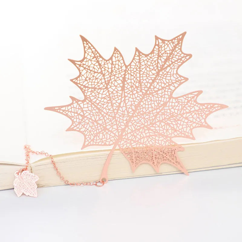 Rose gold electroplated brass bookmark with hollow plating maple leaf design