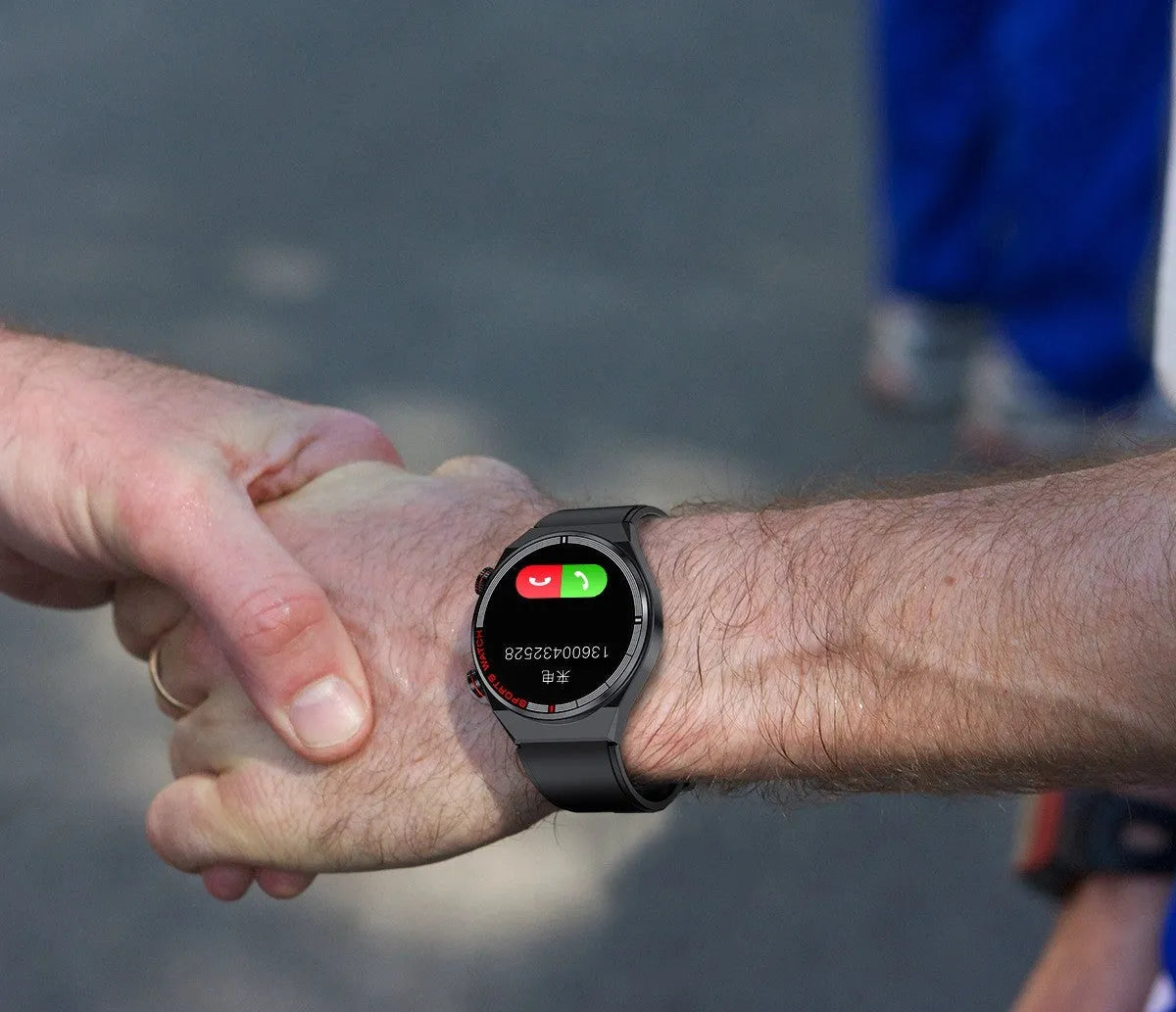 Black Bluetooth smartwatch with genuine leather strap and rotary key on a 1.3-inch screen