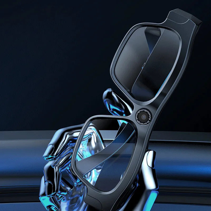 Black head-mounted smart Bluetooth glasses with a camera and touch controls on the frame.