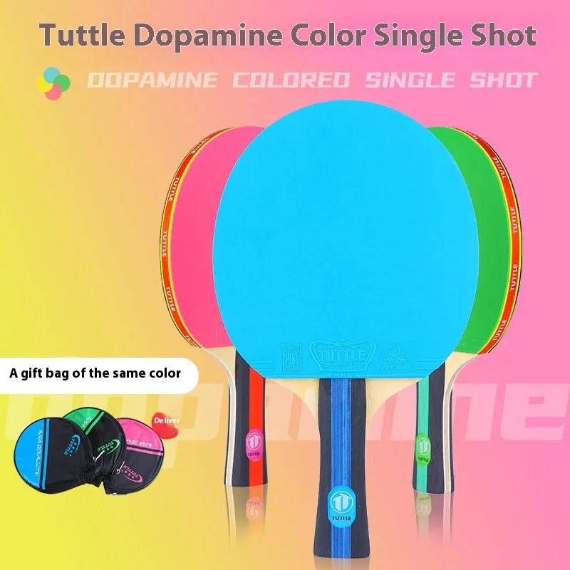 Colourful pure wood table tennis racket with high elasticity rubber and matching carry bag in choice of pink, blue or green shakehand grip.