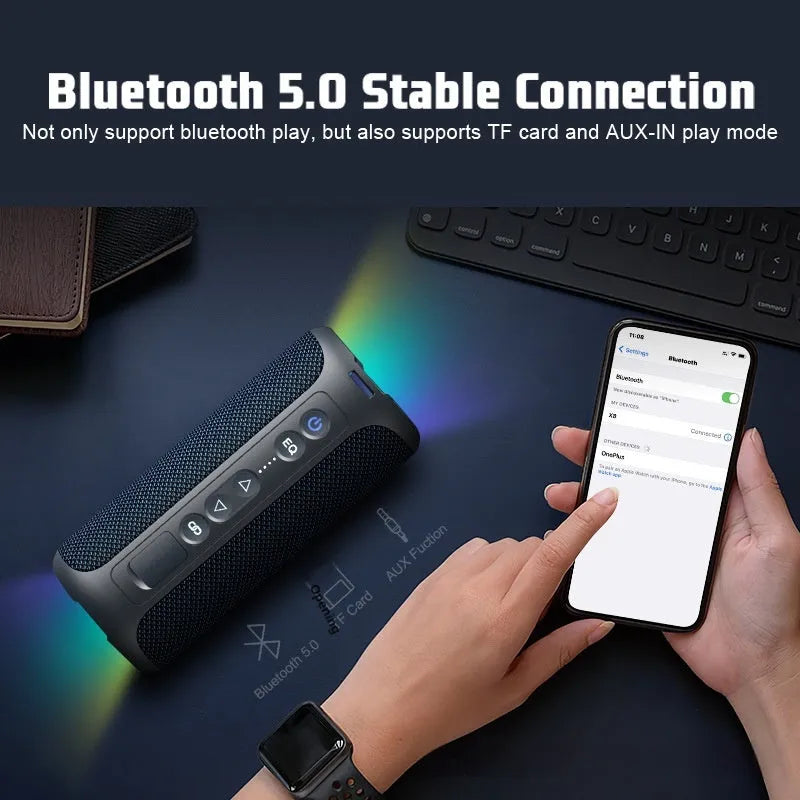 Black and blue fabric wireless Bluetooth speaker with luminous lights.