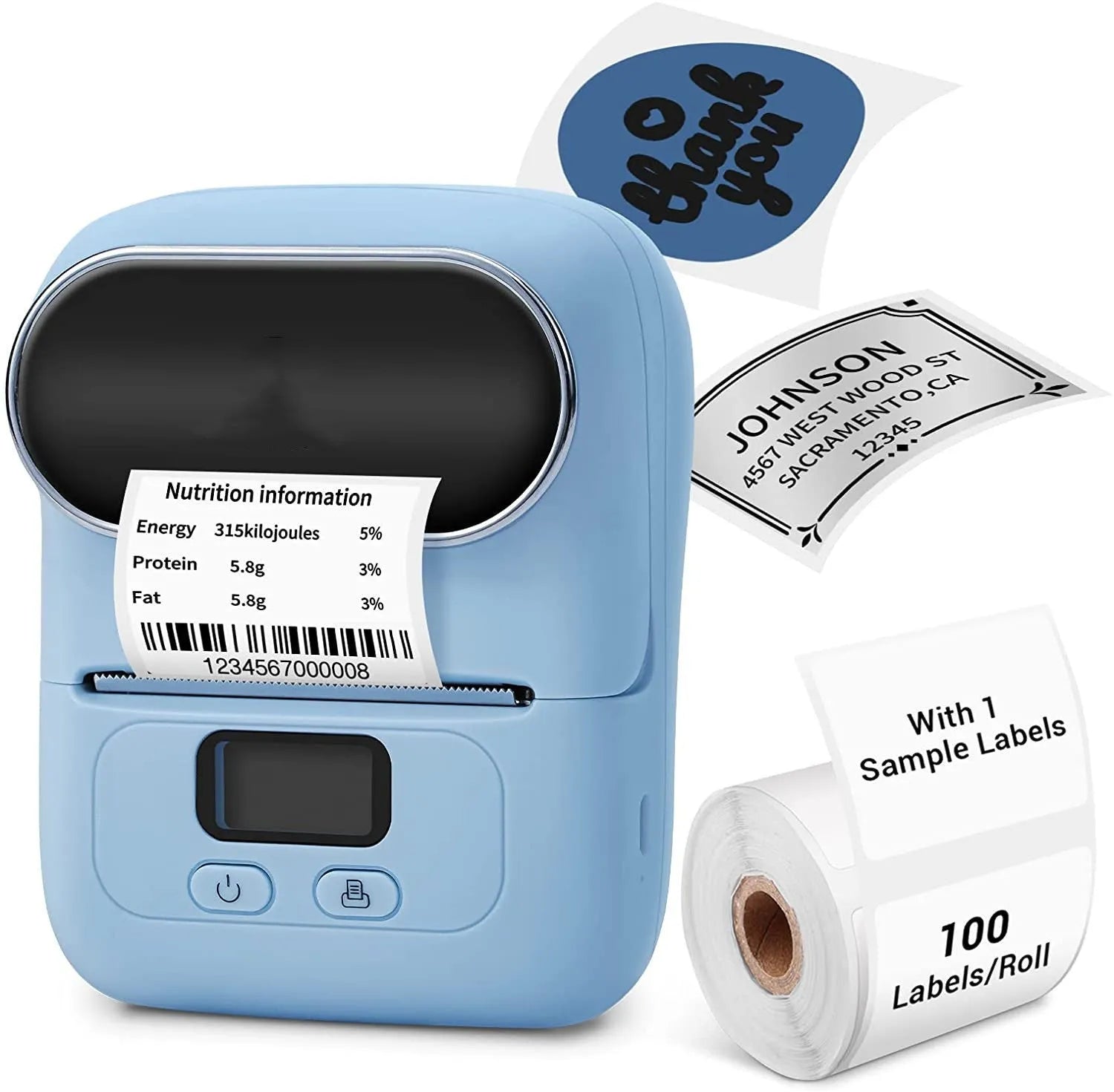 Bluetooth handheld bar code printer in plastic casing with 2-inch ink wheel and USB port