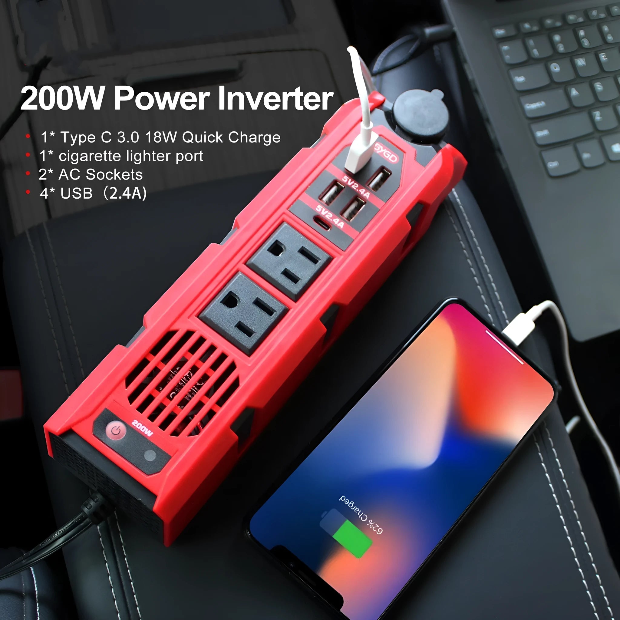 E8960 200W 12V to 110V car power inverter with USB ports, Type-C, and temperature-controlled fan
