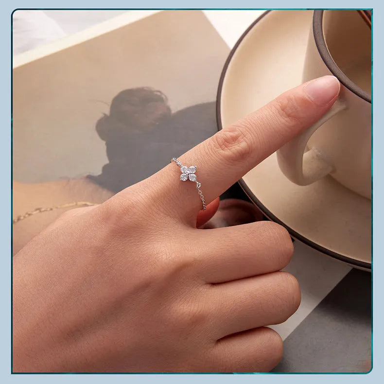 S925 sterling silver four-leaf clover chain ring with adjustable open band in BSR694-E colour