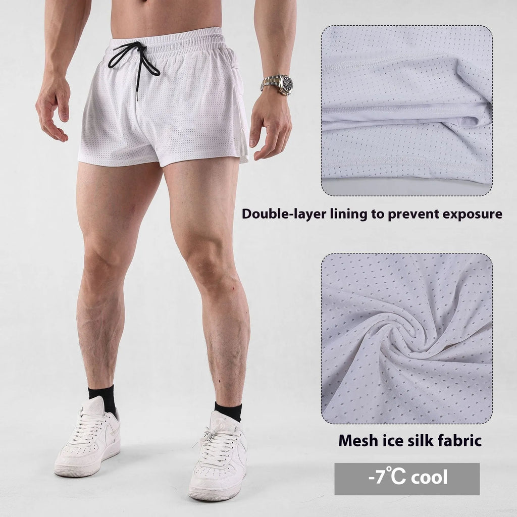 Men's black and white quick-drying nylon summer shorts laid flat, showing mid-waist and shorts length.