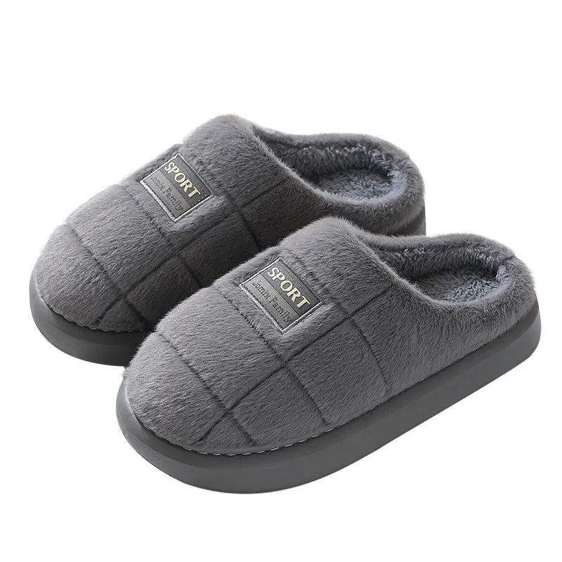 Men's grey and brown plaid rabbit hair slippers with thick lining and a textured EVA sole.