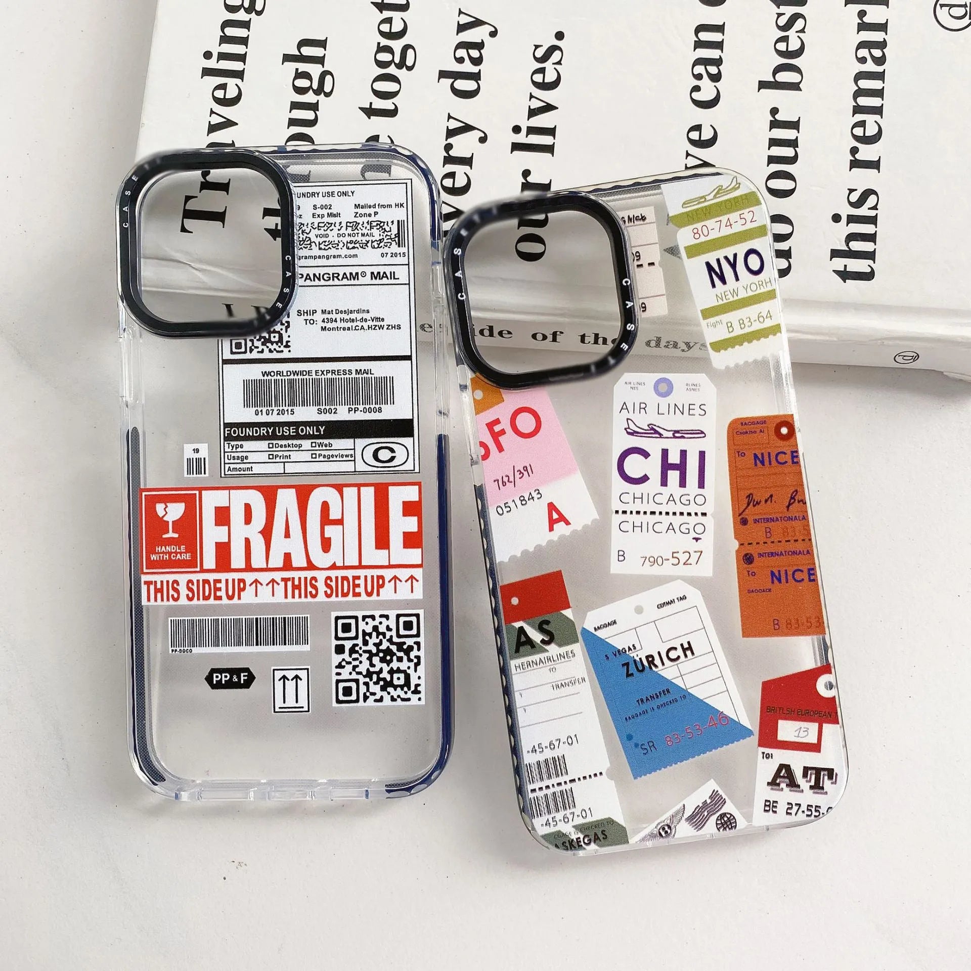 Travel ticket label transparent TPU phone case for Apple iPhone, anti-drop protective cover with coloured painting design