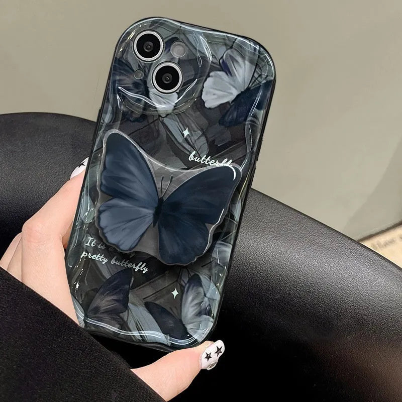Butterfly bracket silicone drop-resistant phone case for Apple iPhone, solid black design, thermal transfer process, all-inclusive protection