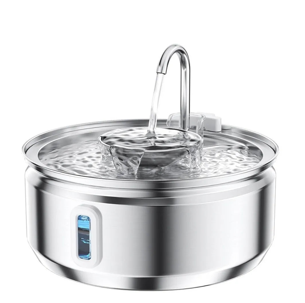 Stainless steel pet water dispenser with round basin and window faucet for dogs and cats.