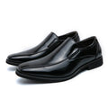 Men's black patent leather pointed toe casual shoes with low tube sock and flat heel