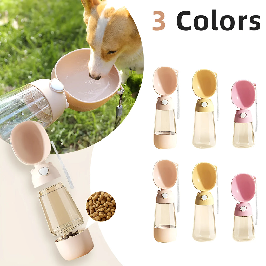 Portable dog water bottle with a folding bowl attached, shown in yellow, pink, and brown colours.