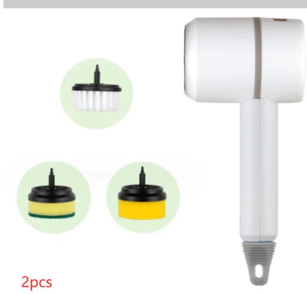 White electric cleaning brush with rotating scrub head and separate scouring pad attachment