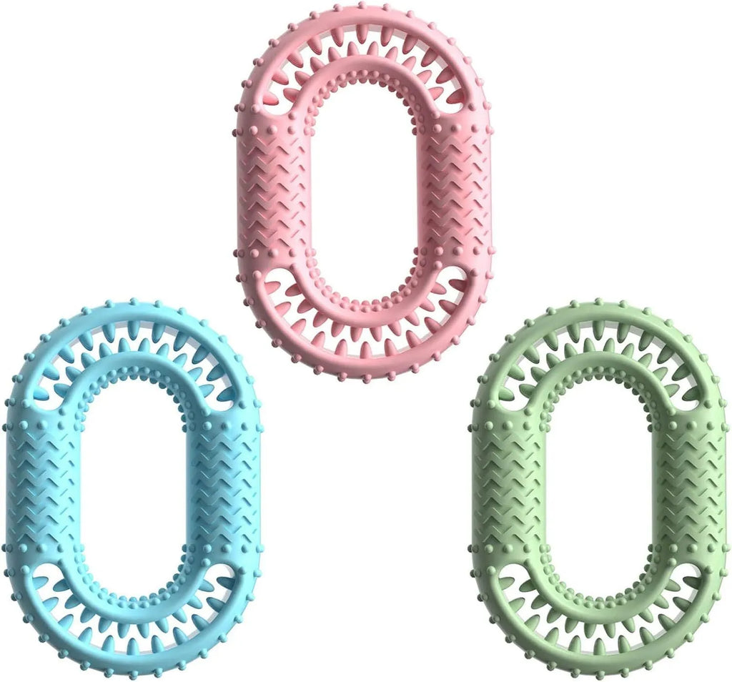 Blue, green, and pink O-ring shaped heavy chew resistant dog toy for aggressive chewers.