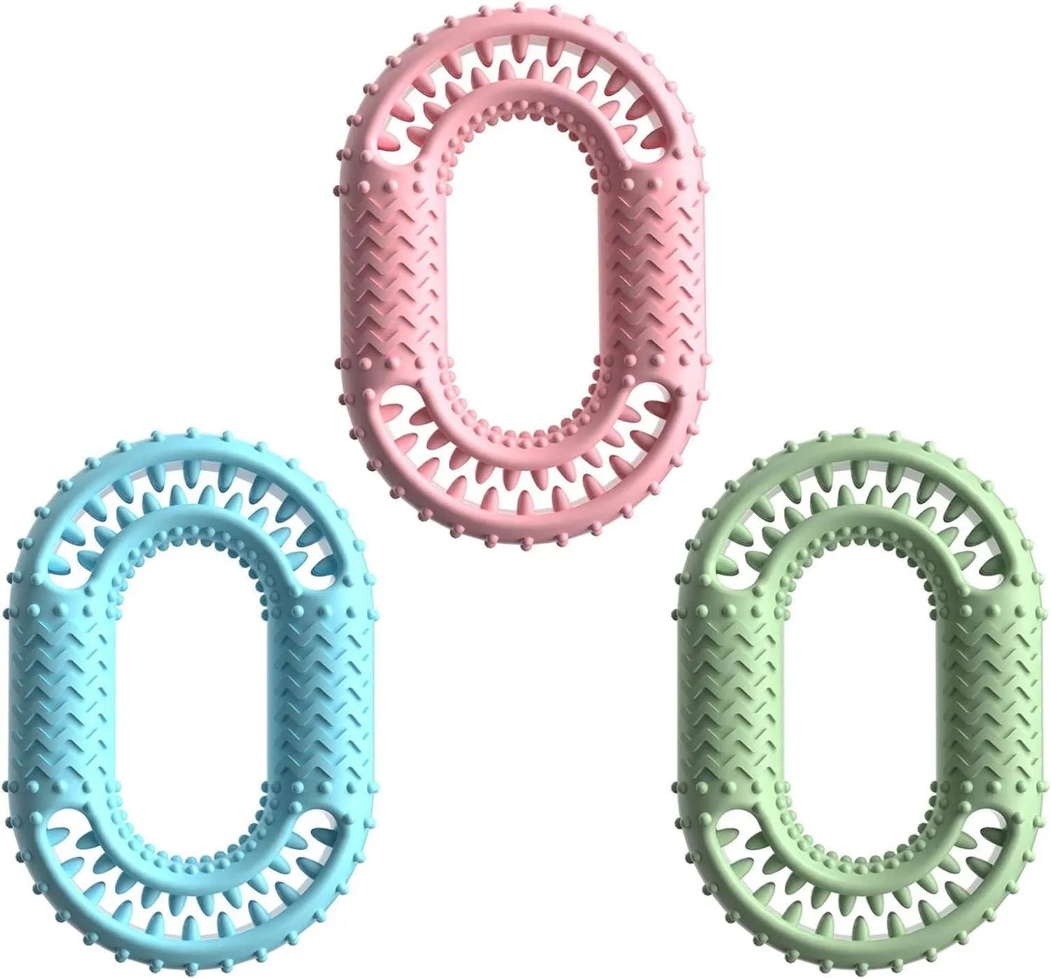 Blue, green, and pink O-ring shaped heavy chew resistant dog toy for aggressive chewers.