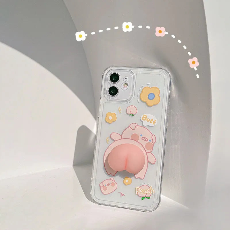 Transparent silicone phone case with a three-dimensional piggy butt design compatible with Apple iPhone