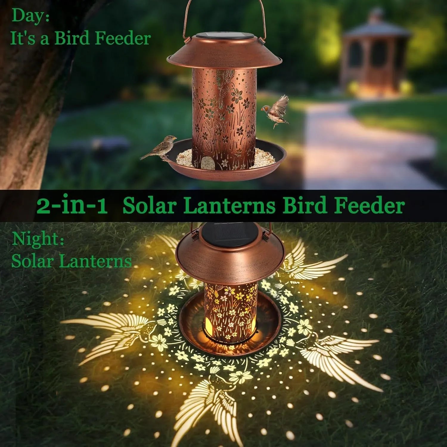 Solar-powered iron art bird feeder lamp with hummingbird pattern for outdoor garden lighting