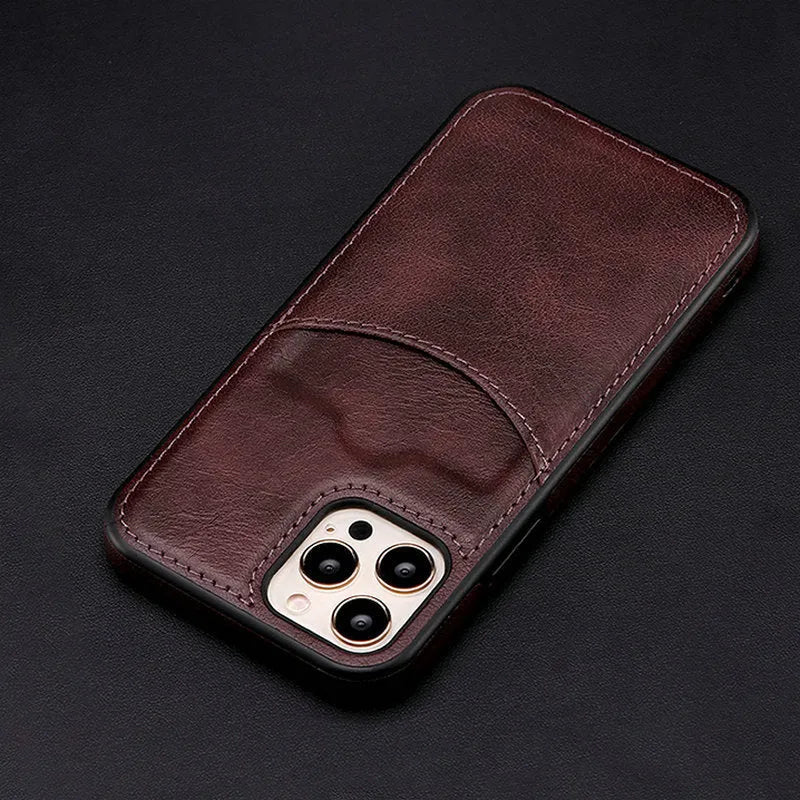 Dark blue PU leather protective case fitted on an iPhone, showing precise button and camera cutouts.