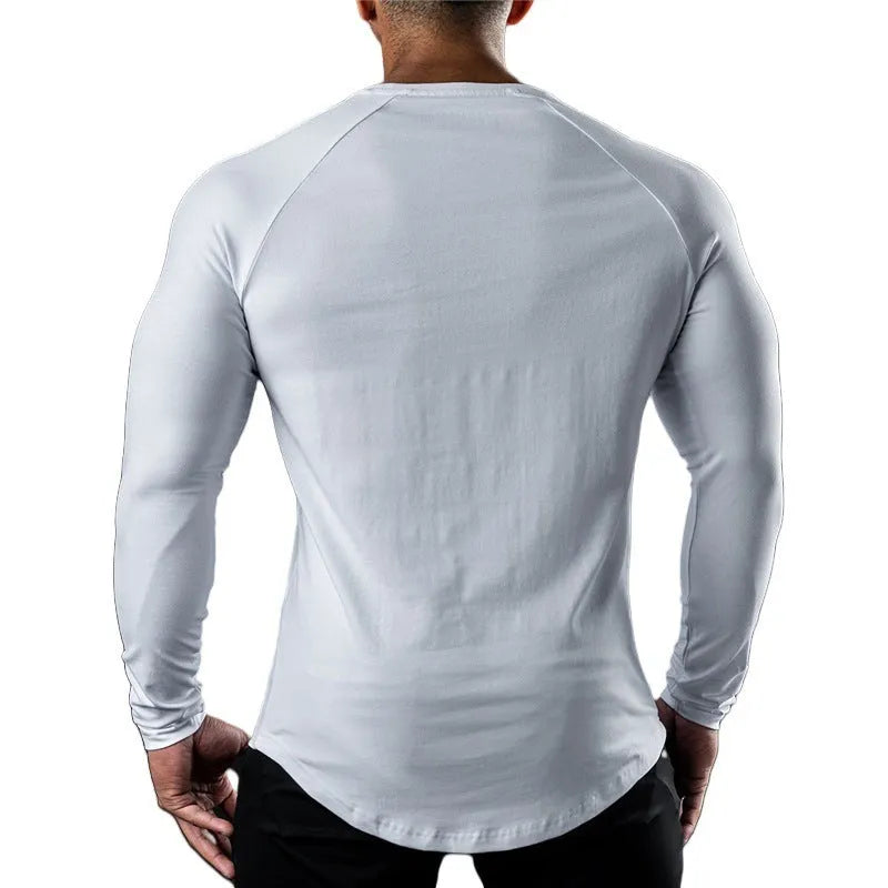 Men's long sleeve cotton sports t-shirt in army green colour, shown with a round neck and tight fit.