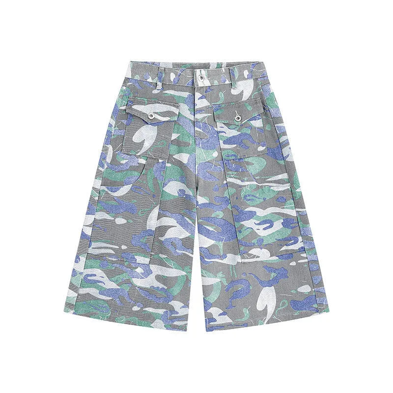 Camouflage cotton cropped trousers with front pockets and straight leg workwear style