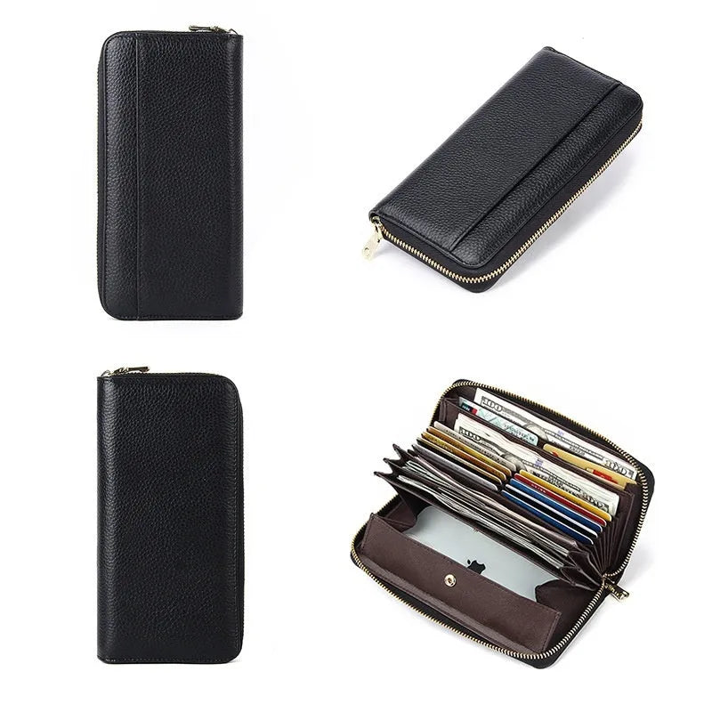 Women's long genuine leather wallet in a choice of six colours showing large capacity and anti-theft card slot.