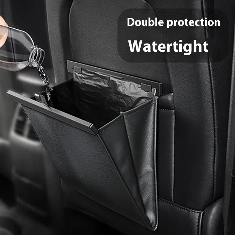 Car leather waterproof hanging garbage bag 27.5x26cm in black with light strip, shown inside a vehicle door pocket