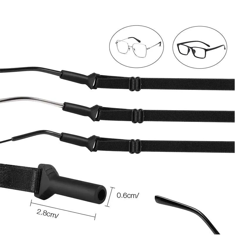Black adjustable glasses cord strap with silicone ends shown on a pair of spectacles.