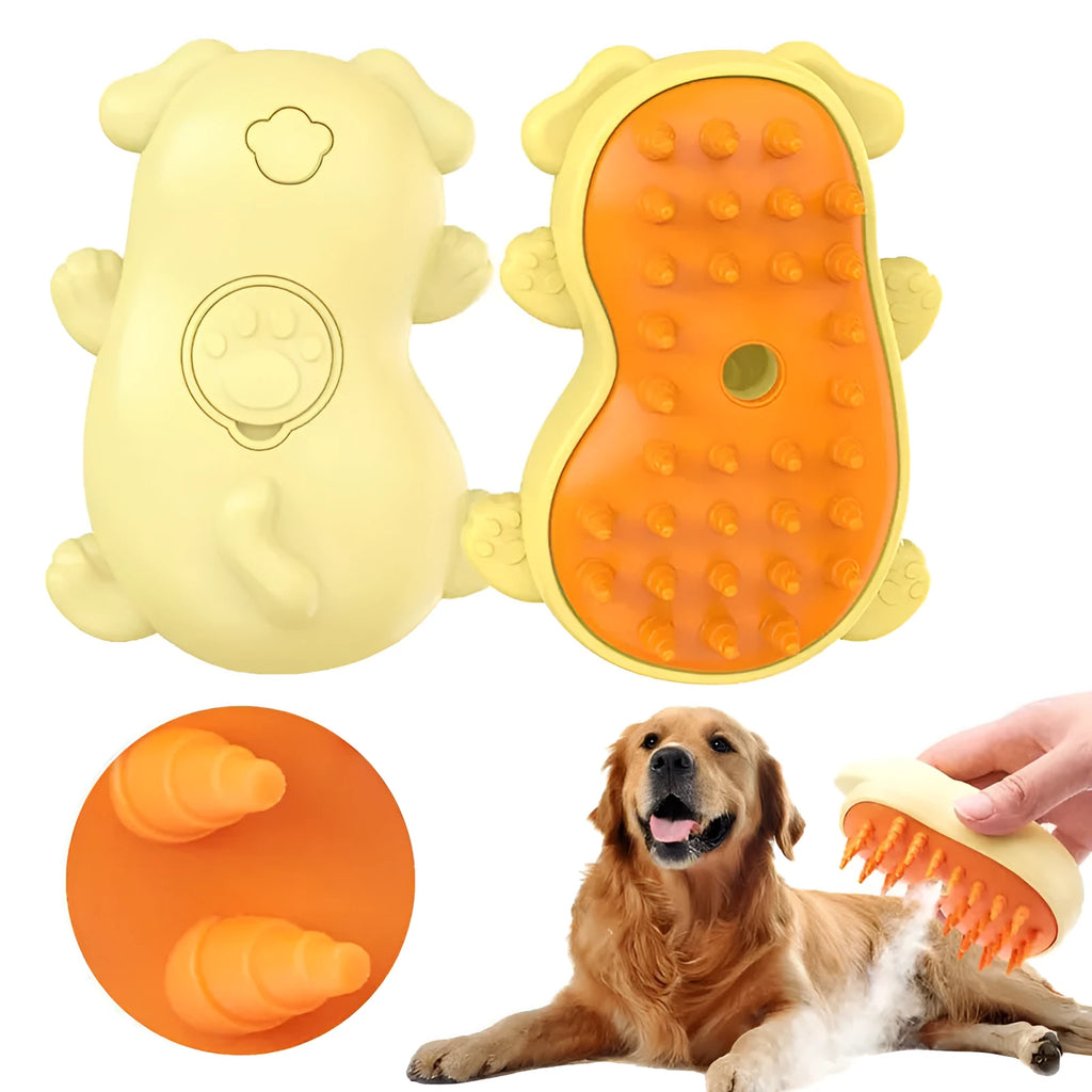 White pet grooming brush with steam function and ergonomic handle on a blue background.