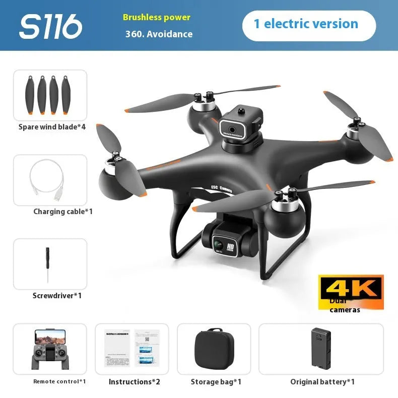 Black HD brushless UAV quadcopter with four-side obstacle avoidance and dual camera, under 30cm in size.