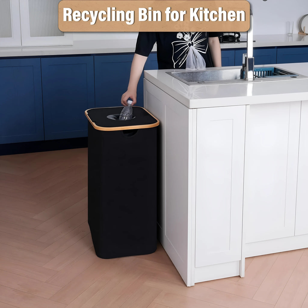Black bamboo frame storage basket with removable lid showing double inner pockets and ventilation holes
