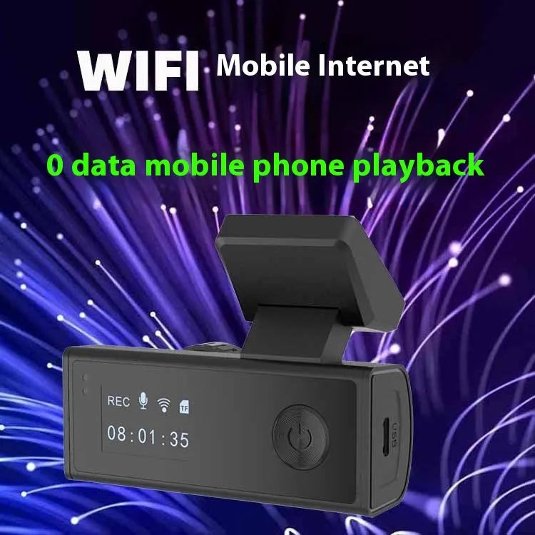 Black WIFI connected car dashcam with touch screen and wide angle lens for vehicle security recording
