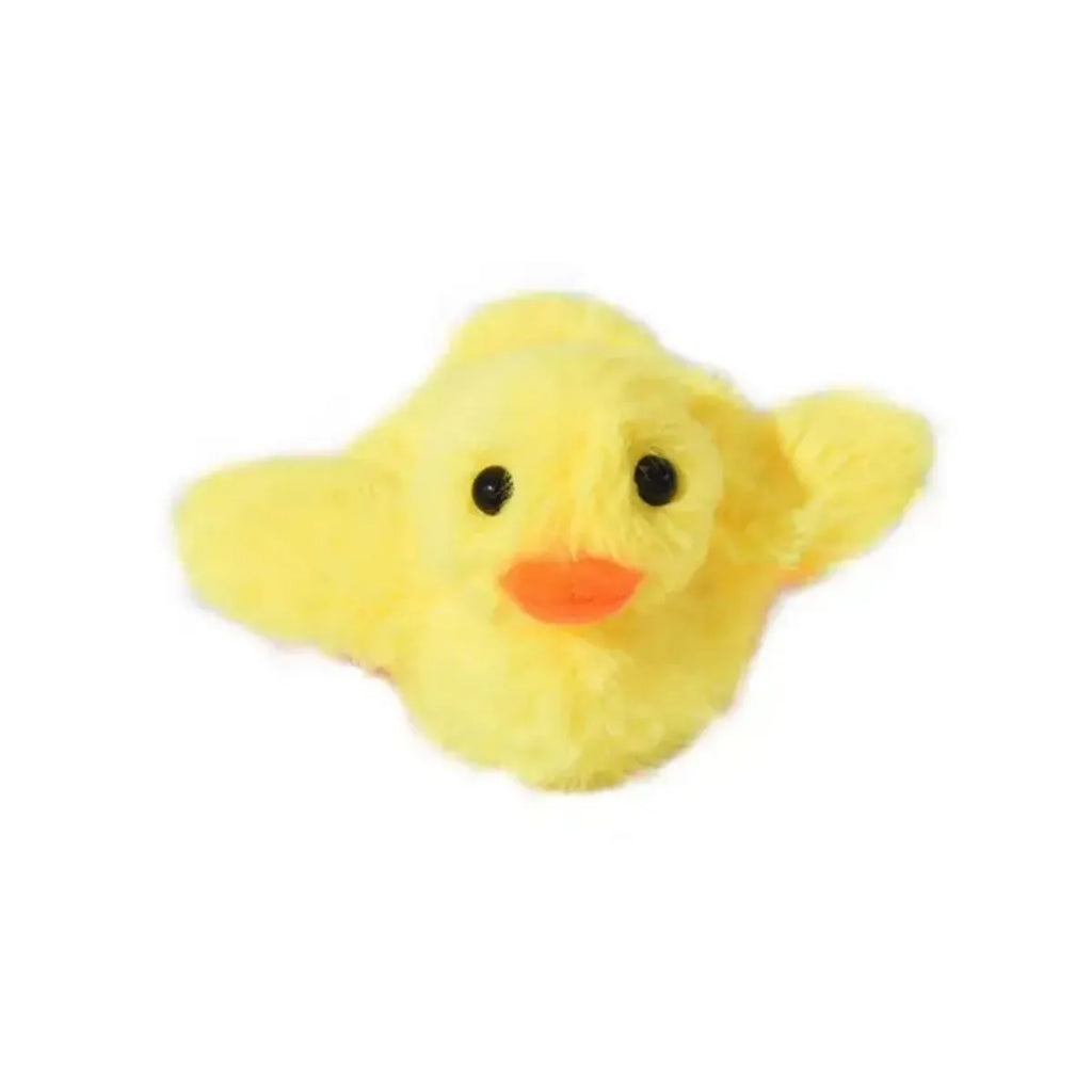 Yellow flapping duck cat toy with USB charging cable on wooden floor