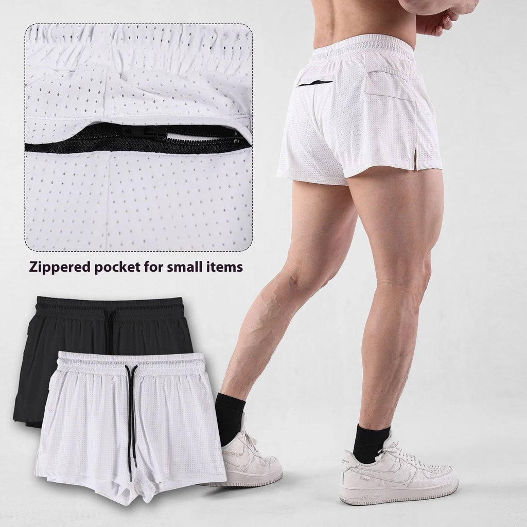Man wearing black quick-dry nylon shorts with a mid-waist fit for summer sports