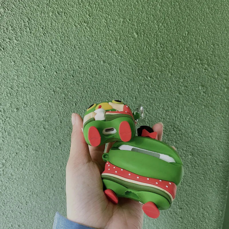 Cartoon green fish head earphone case in soft PVC for Apple AirPods 2 and AirPods Pro, Milk Tea Fish Head Monster design
