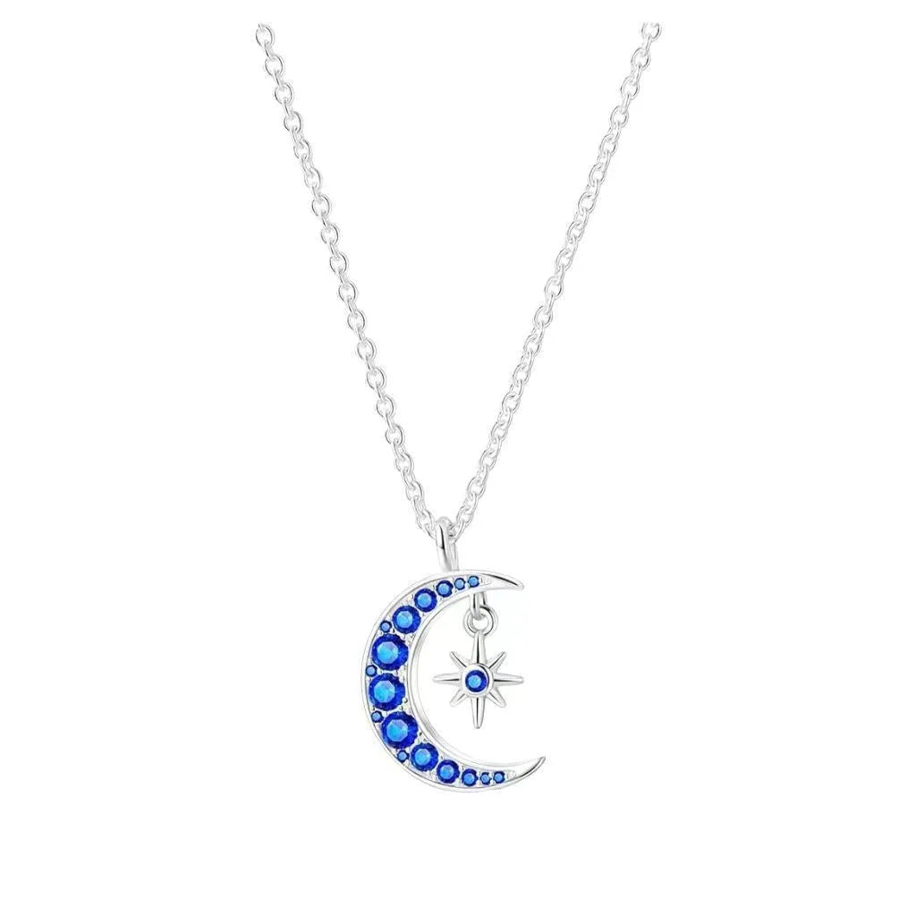 Blue moon pendant necklace in white gold colour with copper geometric moon pendant and O-ring chain, 21-50cm adjustable