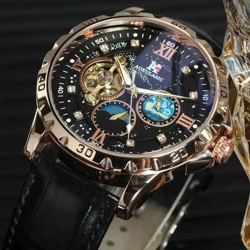 Men's black and rose gold automatic skeleton watch with large dial and leather strap.
