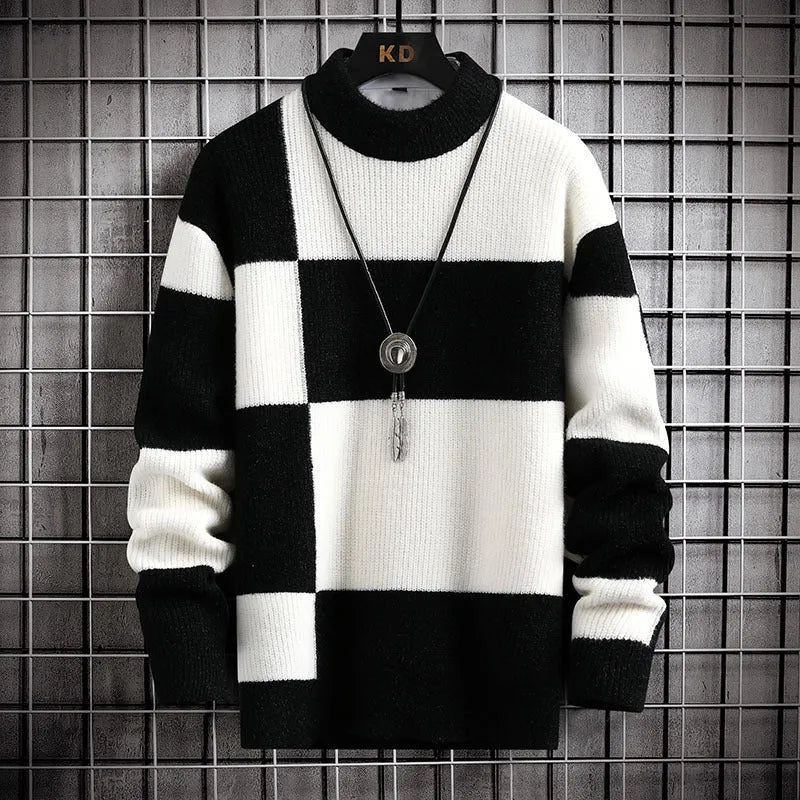 Men's casual cardigan sweater coat in modal fabric, colour block design, available in white collar with black option, thickened loose fit.