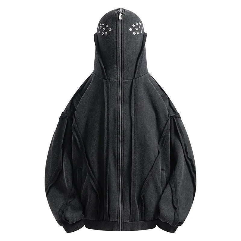 Black loose-fit zip-up hooded cardigan jacket with abstract pattern and padding on a hanger.