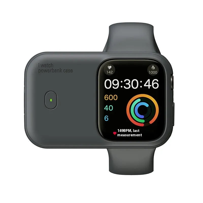 Apple Watch portable wireless charging case power bank in brown, blue, or starlight.