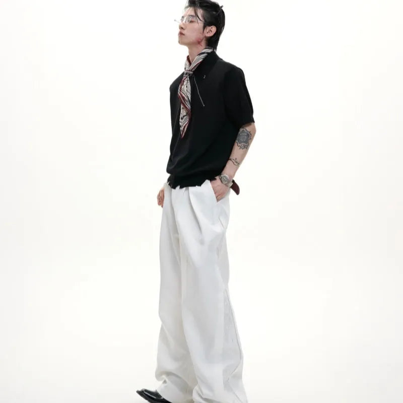 Ice-feel slim fit knitted polo shirt with oblique zipper collar in black, grey or white