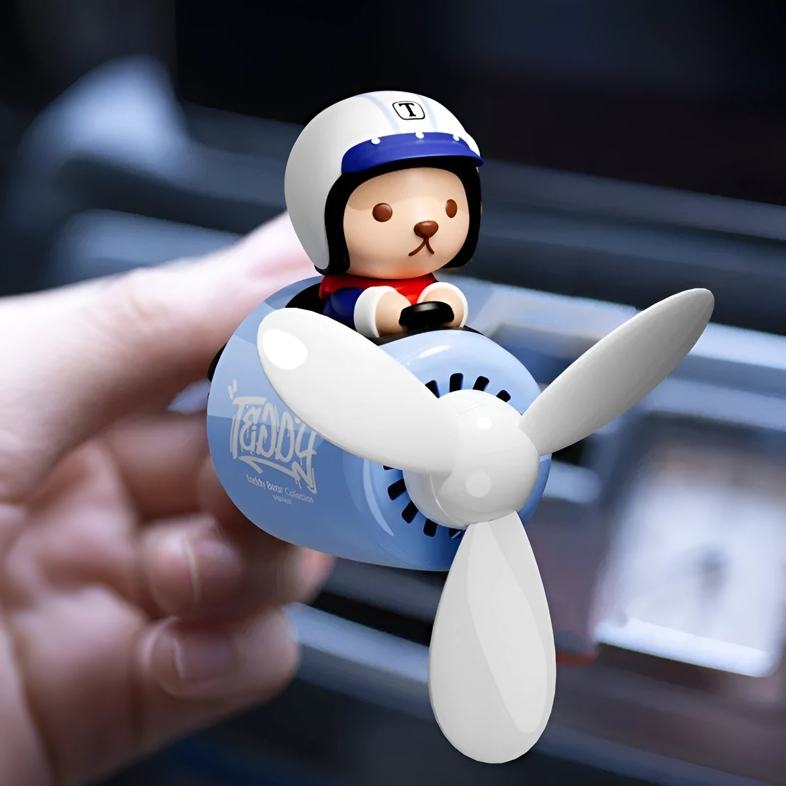 Teddy bear blue car aromatherapy ornament with plastic perfume holder for vehicle cabin scenting