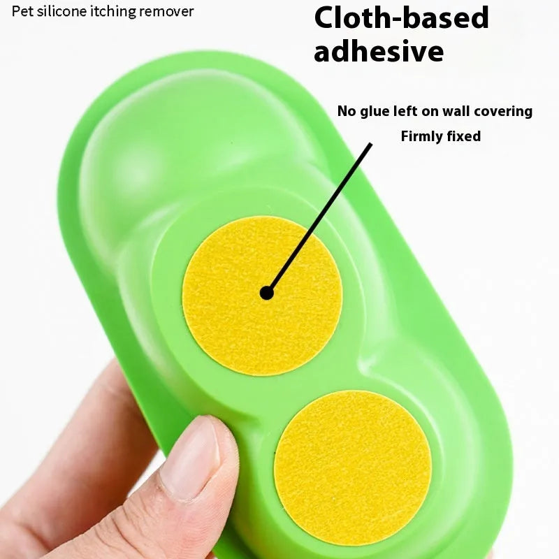 Cat self-service scratching toy in yellow, green, and pink made from ABS and TPE materials measuring 14x6.5cm