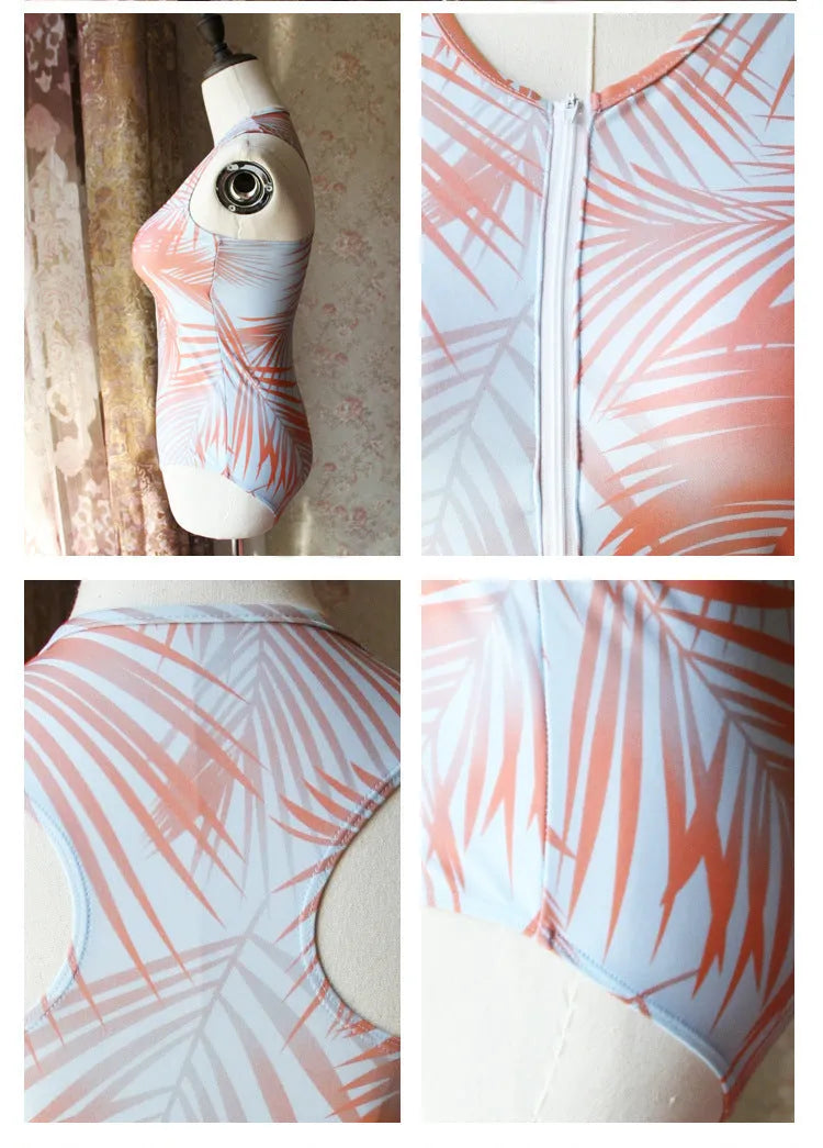 Orange women's spandex swimsuit for hot spring use, shown in Asian sizes S to XXL with bust and hip measurements.