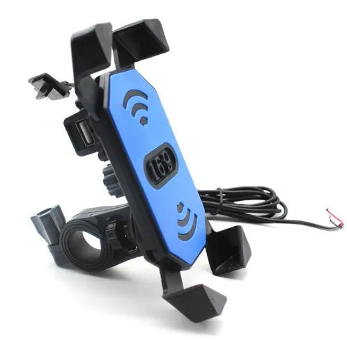 Black ABS motorcycle phone holder CD-169 mounted on a handlebar, showing USB charging port and adjustable phone clamp.
