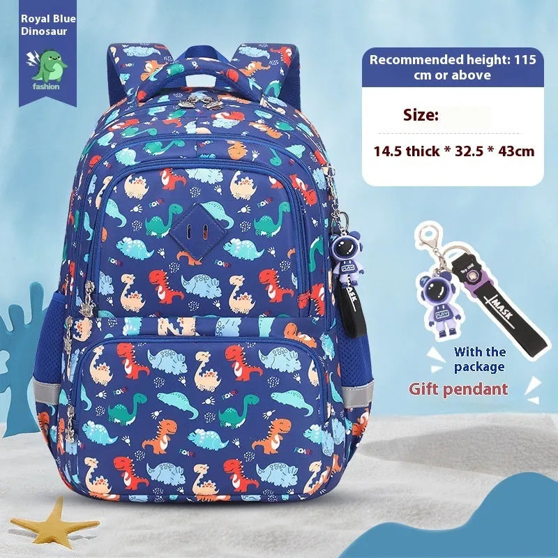 Blue children's school backpack made from Oxford cloth with curved straps, shown in a dinosaur pattern design.