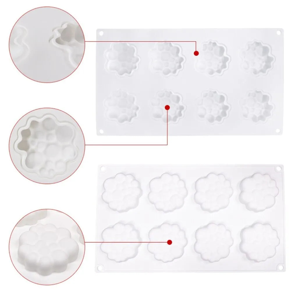 Round silicone cake mould with 8-bubble tower pattern design for baking and dessert preparation