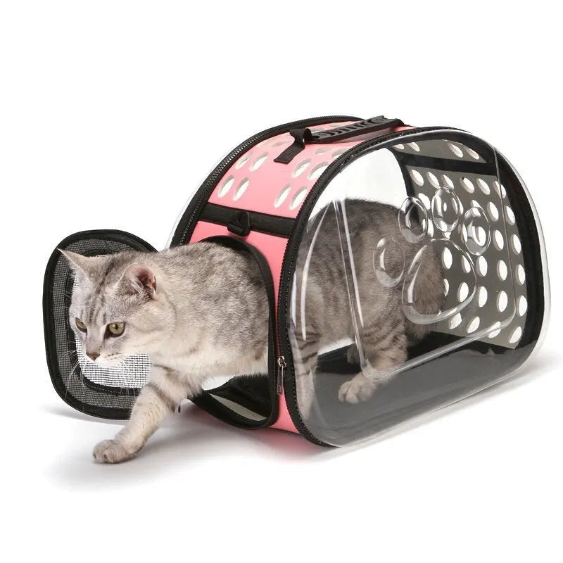 Portable breathable pet backpack with transparent acrylic panels, side vents, locking zipper, and ergonomic shoulder strap